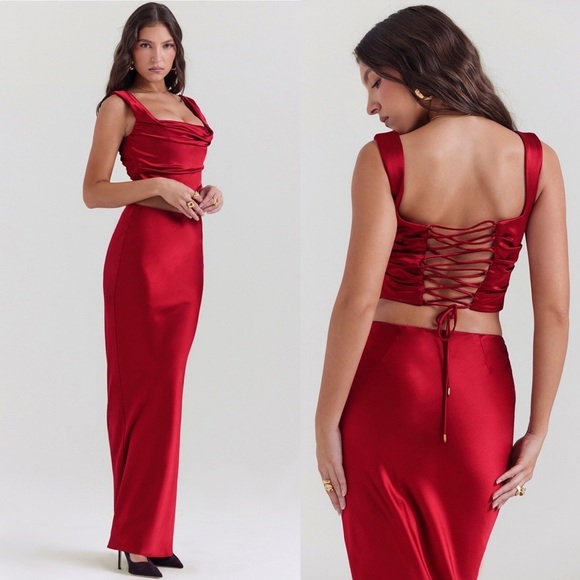 House of CB Set Una & Sydel corset top lace up maxi skit red‎ NWOT Size M - Picture 3 of 15